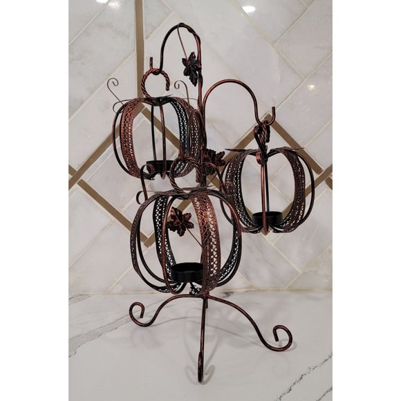 fall pumpkin tealight hanging tree metal harvest decor bronze color americana - Picture 1 of 10